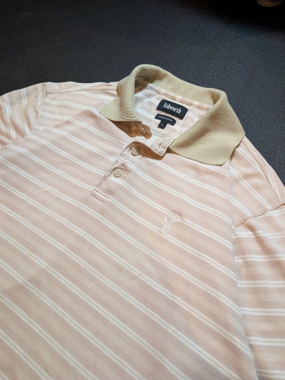 Ashworth Golf Polo Mens L Salmon Pink Stripe Moisture Wicking Short Sleeve